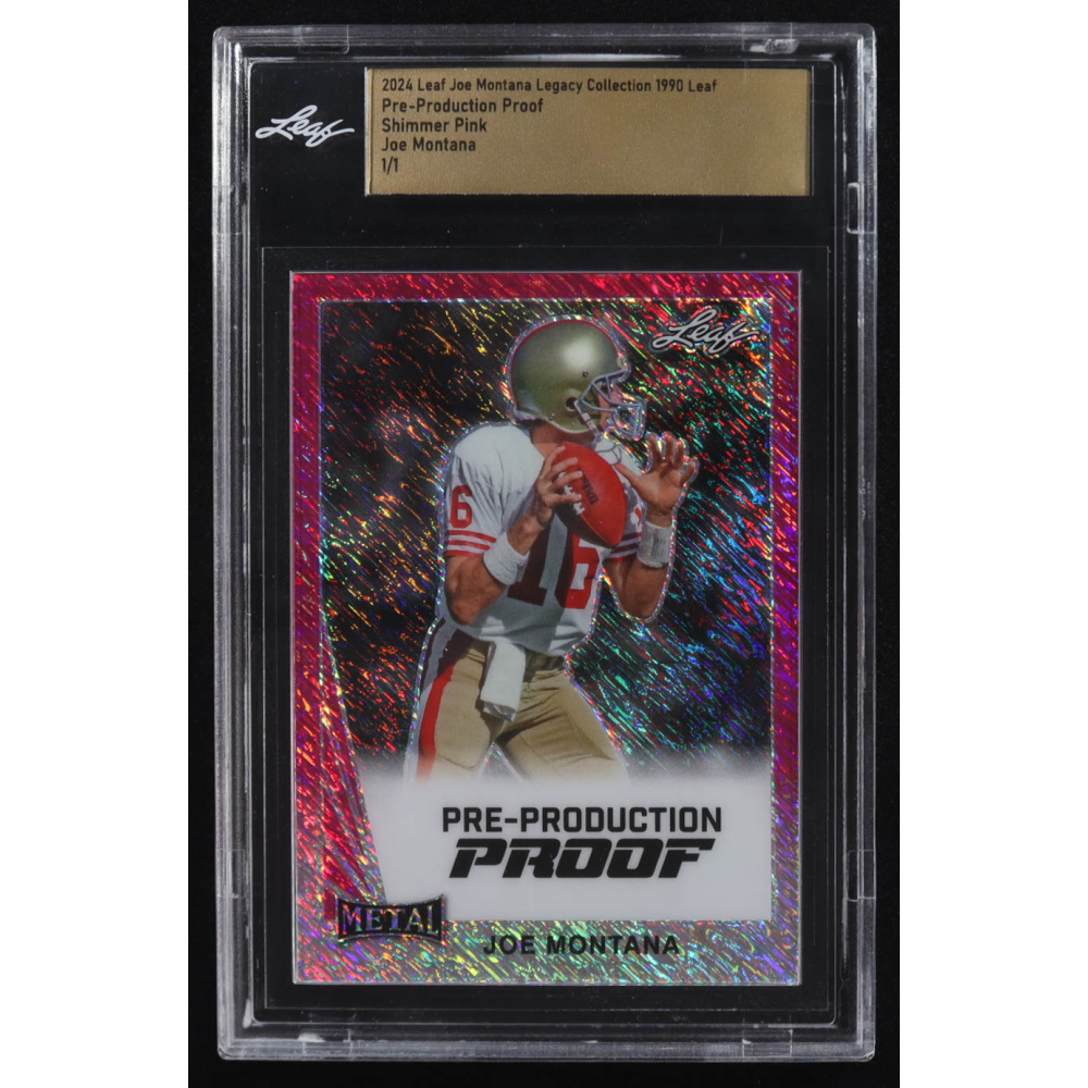 Joe Montana 2024 Leaf Legacy Collection '90 Leaf Shimmer Pink Pre-Production Proof #NNO #1/1 (Leaf) at PristineAuction.com