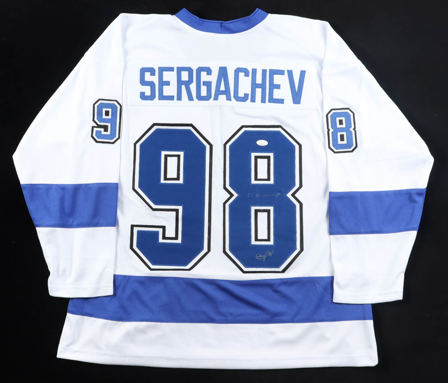 Mikhail Sergachev Signed Jersey Inscribed "2x SC Champ" (JSA) at PristineAuction.com Mikhail Sergachev Signed Jersey Inscribed "2x SC Champ" (JSA) at PristineAuction.com