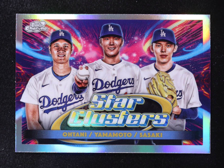 Shohei Ohtani / Roki Sasaki RC / Yoshinobu Yamamoto 2025 Topps Cosmic Chrome Triple Star Clusters #TSC1 at PristineAuction.com Shohei Ohtani / Roki Sasaki RC / Yoshinobu Yamamoto 2025 Topps Cosmic Chrome Triple Star Clusters #TSC1 at PristineAuction.com