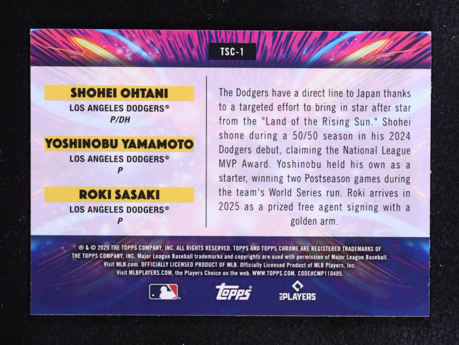 Shohei Ohtani / Roki Sasaki RC / Yoshinobu Yamamoto 2025 Topps Cosmic Chrome Triple Star Clusters #TSC1 at PristineAuction.com Shohei Ohtani / Roki Sasaki RC / Yoshinobu Yamamoto 2025 Topps Cosmic Chrome Triple Star Clusters #TSC1 at PristineAuction.com