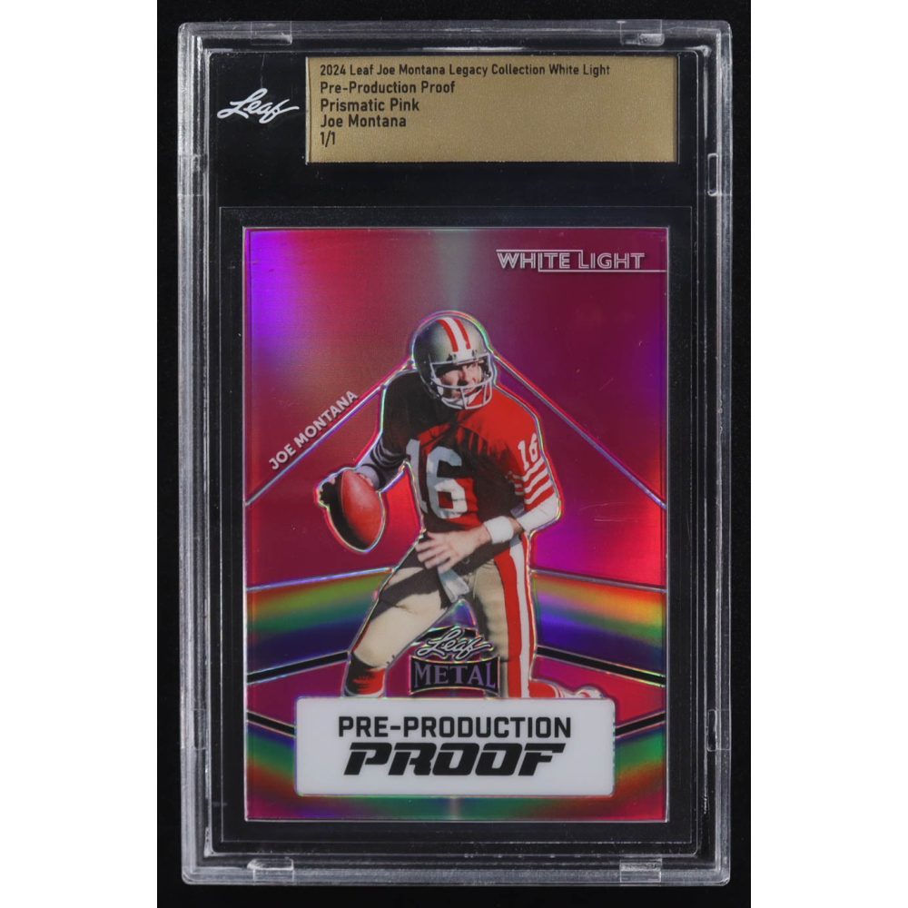 Joe Montana 2024 Leaf Metal Legacy Collection White Light Prismatic Pink Pre-Production Proof #NNO #1/1 (Leaf) at PristineAuction.com