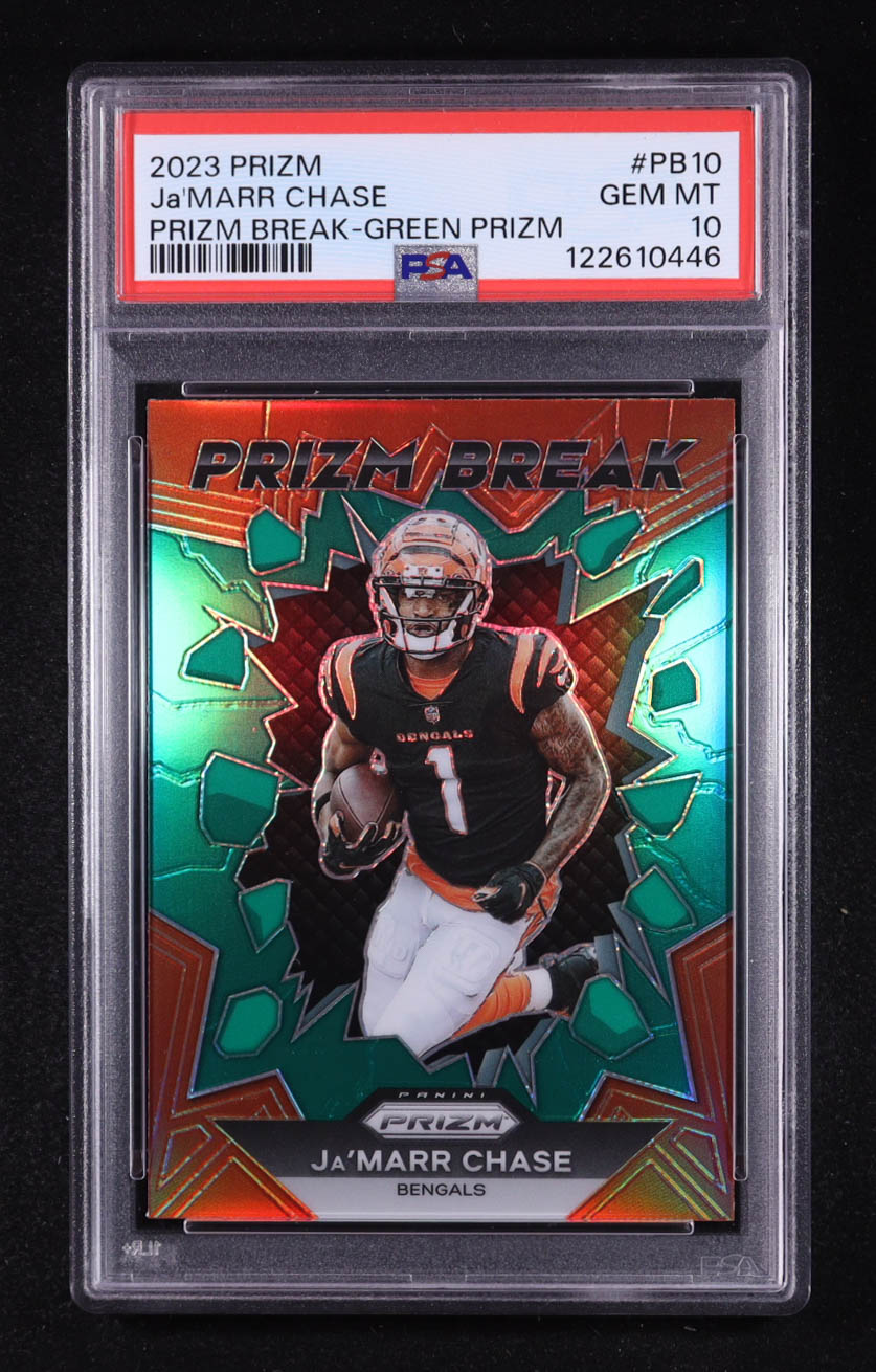 Ja'Marr Chase 2023 Panini Prizm Prizm Break Prizms Green #10 (PSA 10) at PristineAuction.com Ja'Marr Chase 2023 Panini Prizm Prizm Break Prizms Green #10 (PSA 10) at PristineAuction.com
