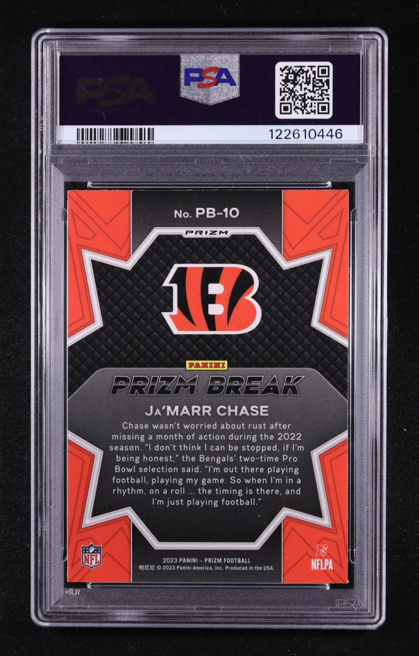 Ja'Marr Chase 2023 Panini Prizm Prizm Break Prizms Green #10 (PSA 10) at PristineAuction.com Ja'Marr Chase 2023 Panini Prizm Prizm Break Prizms Green #10 (PSA 10) at PristineAuction.com