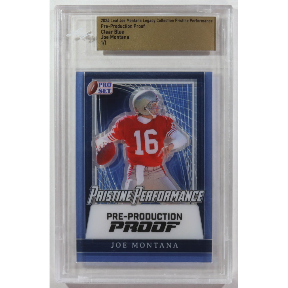 Joe Montana 2024 Leaf Legacy Collection Pristine Performance Clear Blue Pre-Production Proof #NNO #1/1 (Leaf) at PristineAuction.com