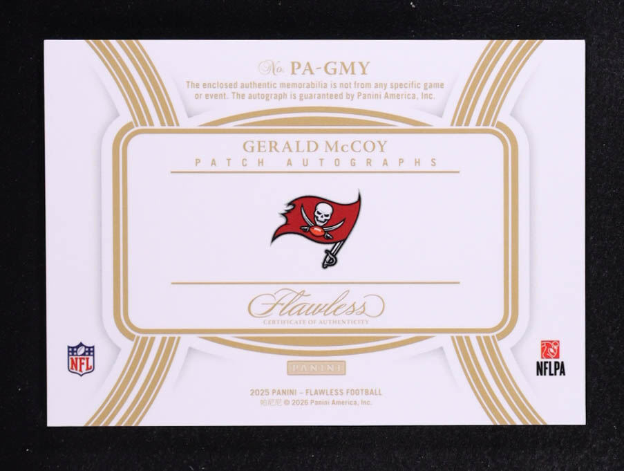 Gerald McCoy 2025 Panini Flawless Patch Autographs Silver #61 #9/20 at PristineAuction.com Gerald McCoy 2025 Panini Flawless Patch Autographs Silver #61 #9/20 at PristineAuction.com