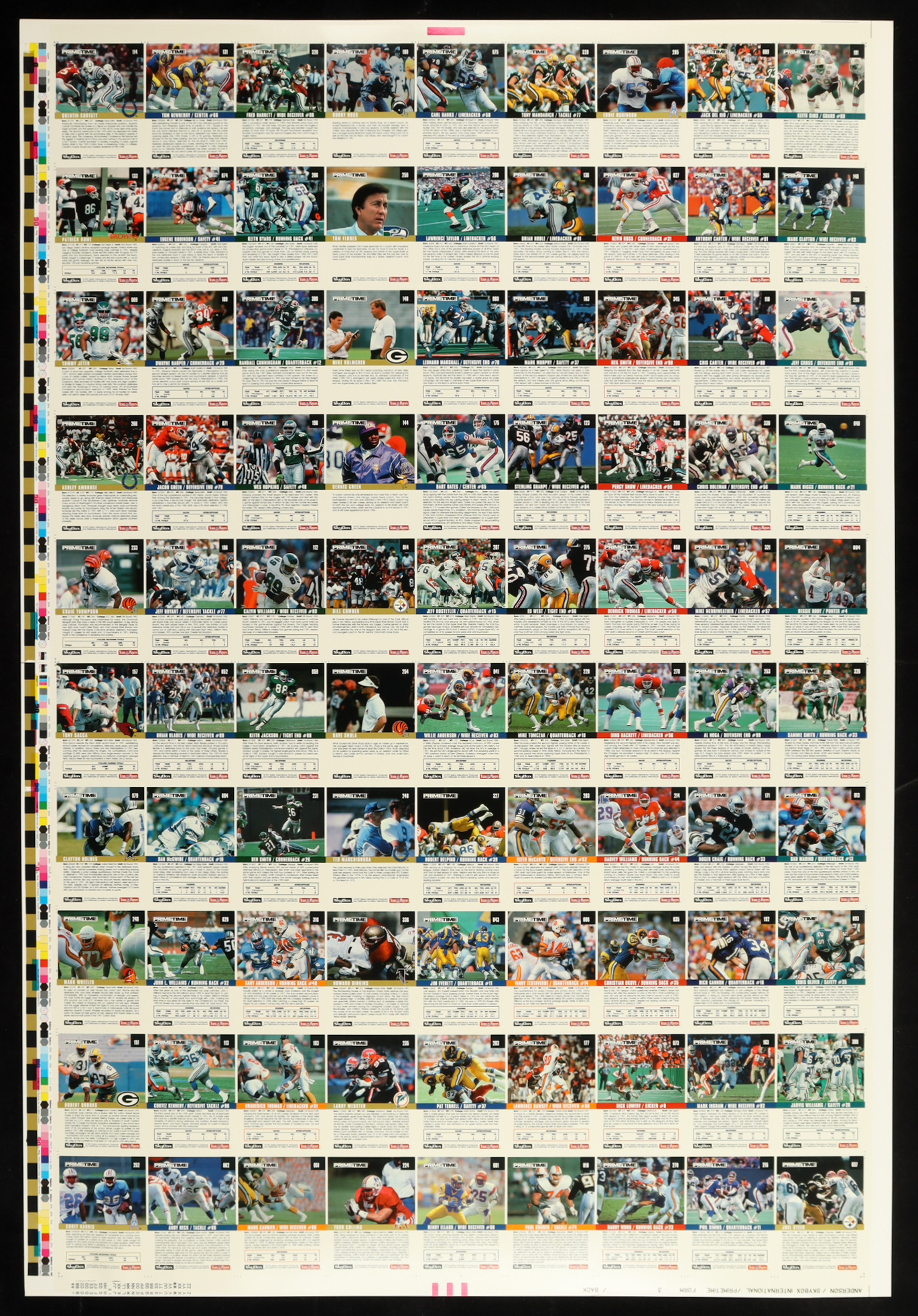 1992 SkyBox Football PrimeTime Uncut Trading Card Sheet of (90) Cards at PristineAuction.com 1992 SkyBox Football PrimeTime Uncut Trading Card Sheet of (90) Cards at PristineAuction.com