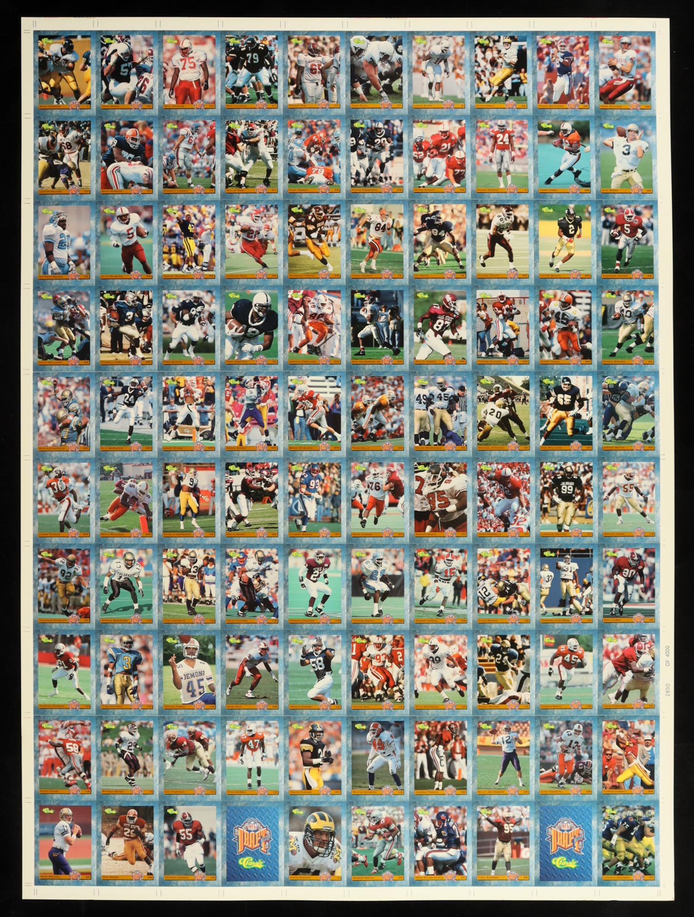 1993 Classic Draft Football Inserts Uncut Trading Card Sheet of (100) Cards at PristineAuction.com 1993 Classic Draft Football Inserts Uncut Trading Card Sheet of (100) Cards at PristineAuction.com
