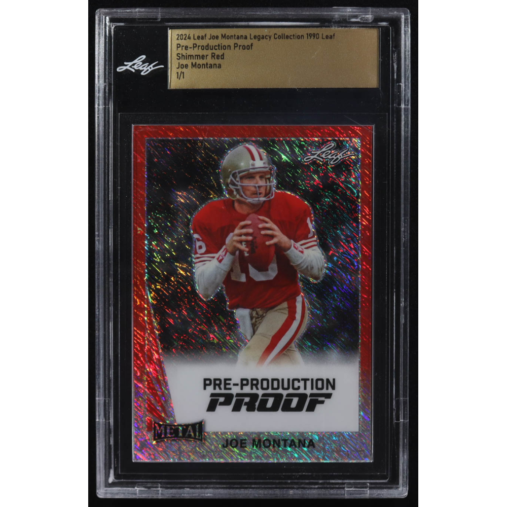 Joe Montana 2024 Leaf Legacy Collection '90 Leaf Shimmer Red Pre-Production Proof #NNO #1/1 (Leaf) at PristineAuction.com