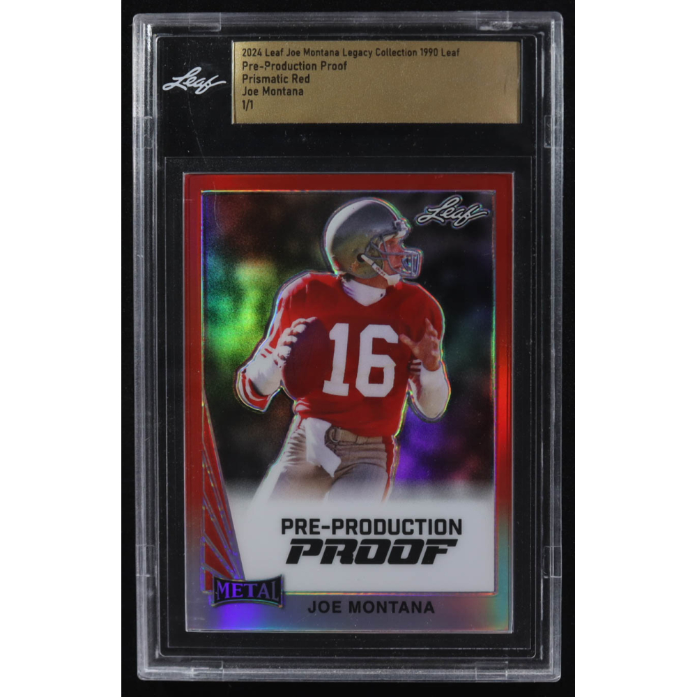 Joe Montana 2024 Leaf Legacy Collection '90 Leaf Prismatic Red Pre-Production Proof #NNO #1/1 (Leaf) at PristineAuction.com