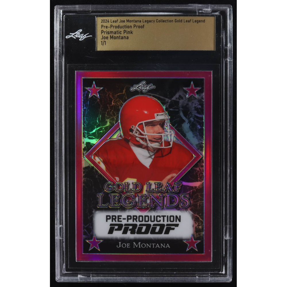 Joe Montana 2024 Leaf Legacy Collection Gold Leaf Legend Prismatic Pink Pre-Production Proof #NNO #1/1 (Leaf) at PristineAuction.com