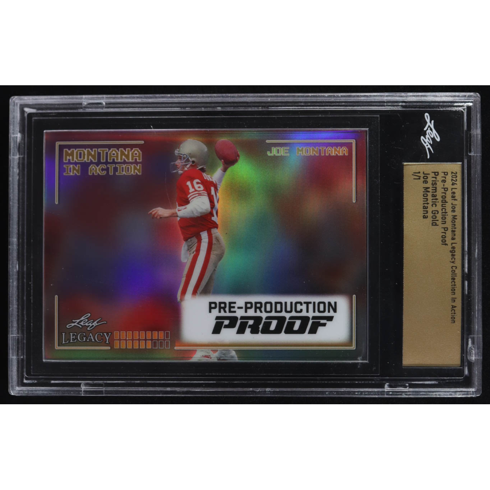 Joe Montana 2024 Leaf Legacy Collection In Action Super Prismatic Gold Pre-Production Proof #NNO #1/1 (Leaf) at PristineAuction.com
