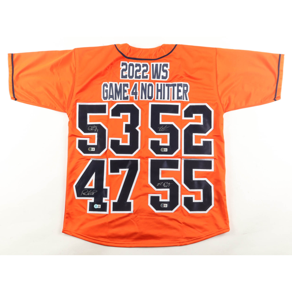2022 World Series Champions "No Hitter" Jersey Signed by (4) with Bryan Abreu, Ryan Pressly, Rafael Montero & Cristian Javier (Beckett) at PristineAuction.com