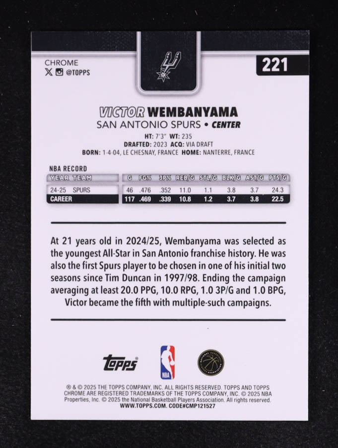 Victor Wembanyama 2025-26 Topps Chrome Yellow Refractors #221 #051/275 at PristineAuction.com Victor Wembanyama 2025-26 Topps Chrome Yellow Refractors #221 #051/275 at PristineAuction.com