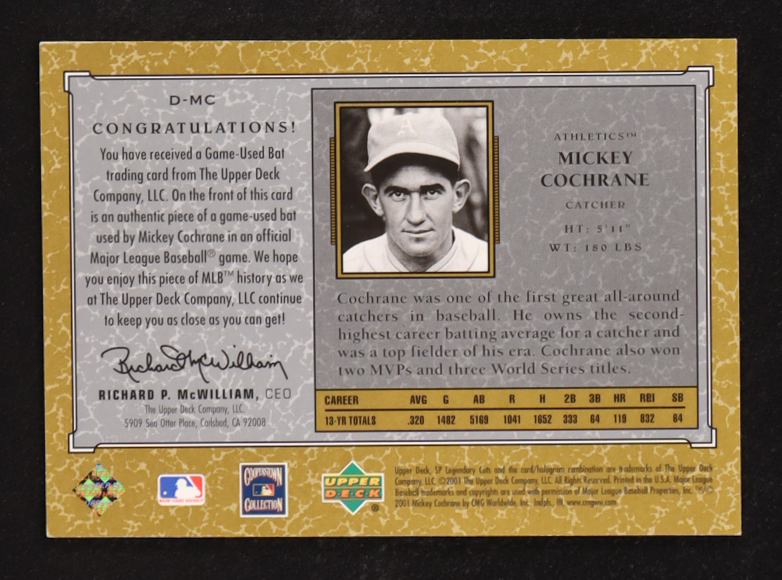 Mickey Cochrane 2001 SP Legendary Cuts Debut Game Bat #DMC at PristineAuction.com Mickey Cochrane 2001 SP Legendary Cuts Debut Game Bat #DMC at PristineAuction.com