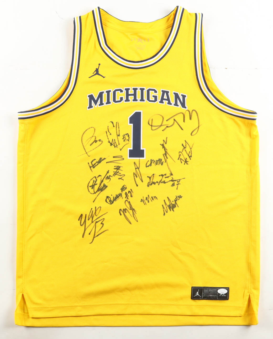 2026 Michigan Wolverines Team-Signed Jordan Authentic Jersey by (16) With Head Coach Dusty May, Yaxel Lendeborg, Morez Johnson Jr. (JSA) at PristineAuction.com 2026 Michigan Wolverines Team-Signed Jordan Authentic Jersey by (16) With Head Coach Dusty May, Yaxel Lendeborg, Morez Johnson Jr. (JSA) at PristineAuction.com