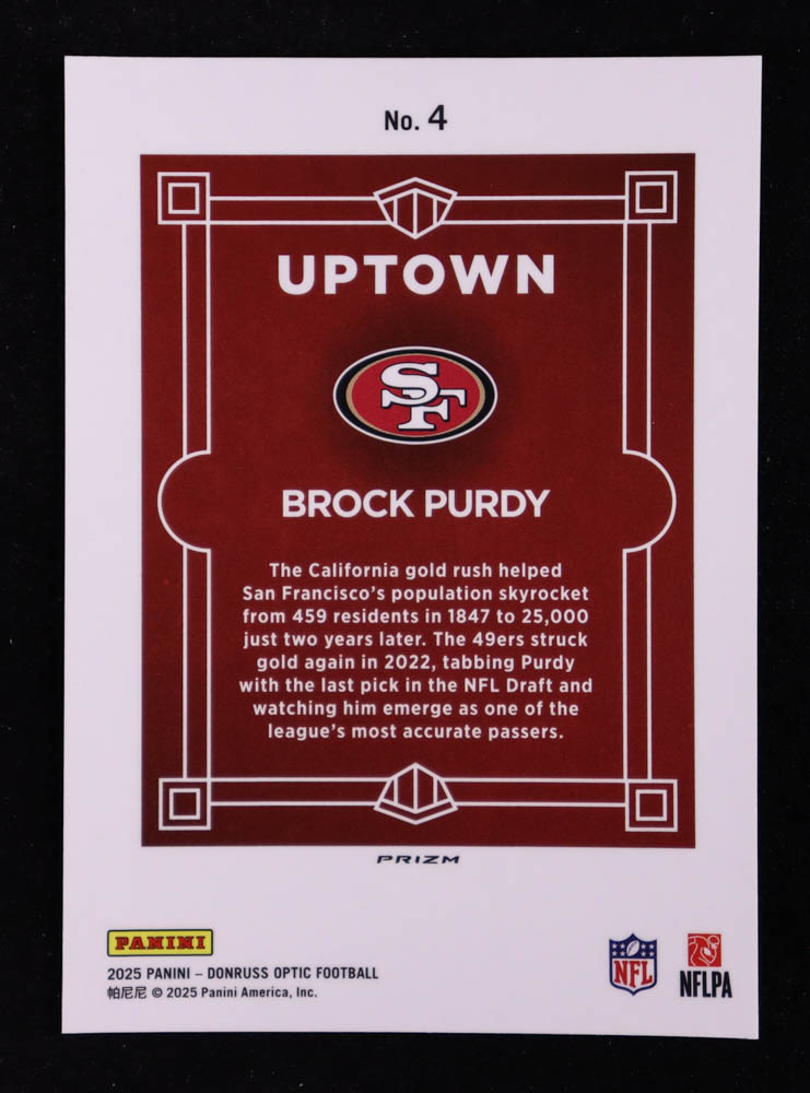 Brock Purdy 2025 Donruss Optic Uptown #4 at PristineAuction.com Brock Purdy 2025 Donruss Optic Uptown #4 at PristineAuction.com