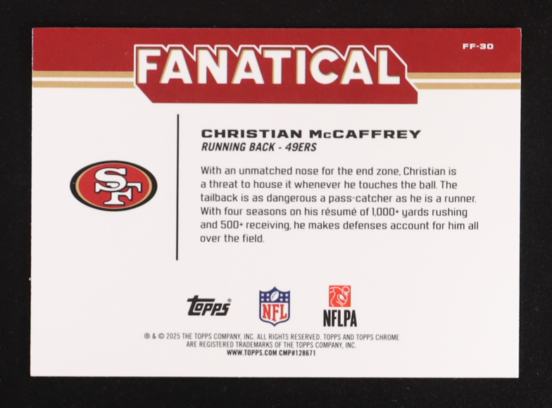 Christian McCaffrey 2025 Topps Chrome Fanatical #FF30 at PristineAuction.com Christian McCaffrey 2025 Topps Chrome Fanatical #FF30 at PristineAuction.com