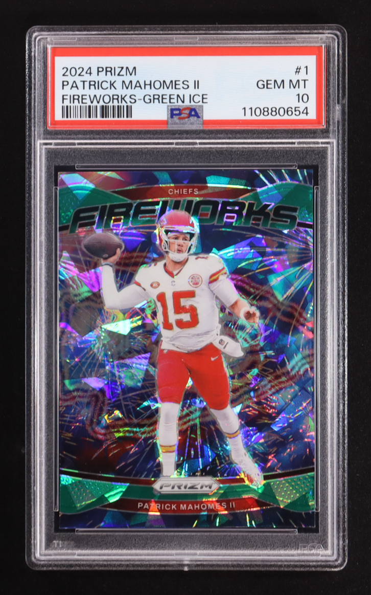 Patrick Mahomes II 2024 Panini Prizm Fireworks Prizms Green Ice #1 (PSA 10) at PristineAuction.com Patrick Mahomes II 2024 Panini Prizm Fireworks Prizms Green Ice #1 (PSA 10) at PristineAuction.com