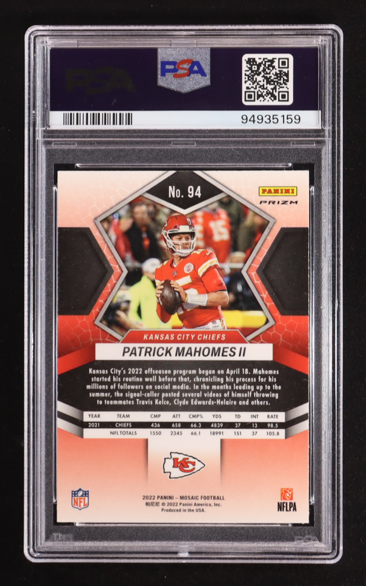 Patrick Mahomes II 2022 Panini Mosaic Mosaic Green #94 (PSA 9) at PristineAuction.com Patrick Mahomes II 2022 Panini Mosaic Mosaic Green #94 (PSA 9) at PristineAuction.com