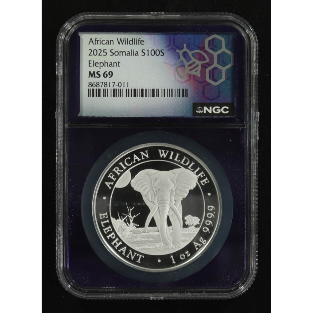 2025 African Wildlife, Elephant 1oz .9999 Fine Silver Coin (NGC MS69) at PristineAuction.com