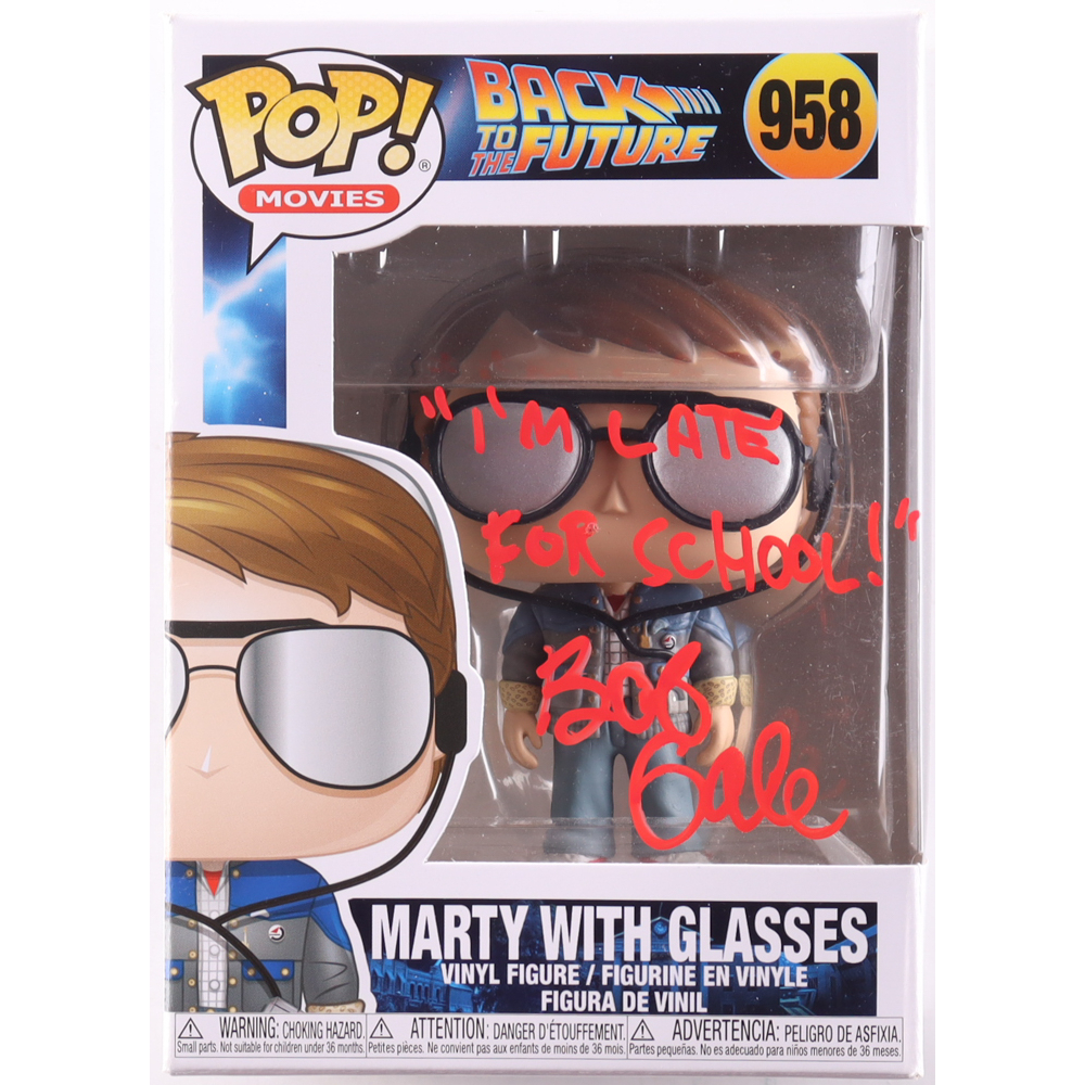 Bob Gale Signed "Back to the Future" #958 Marty with Glasses Funko Pop! Vinyl Figure Inscribed "I'm Late for School!" (ACOA) at PristineAuction.com
