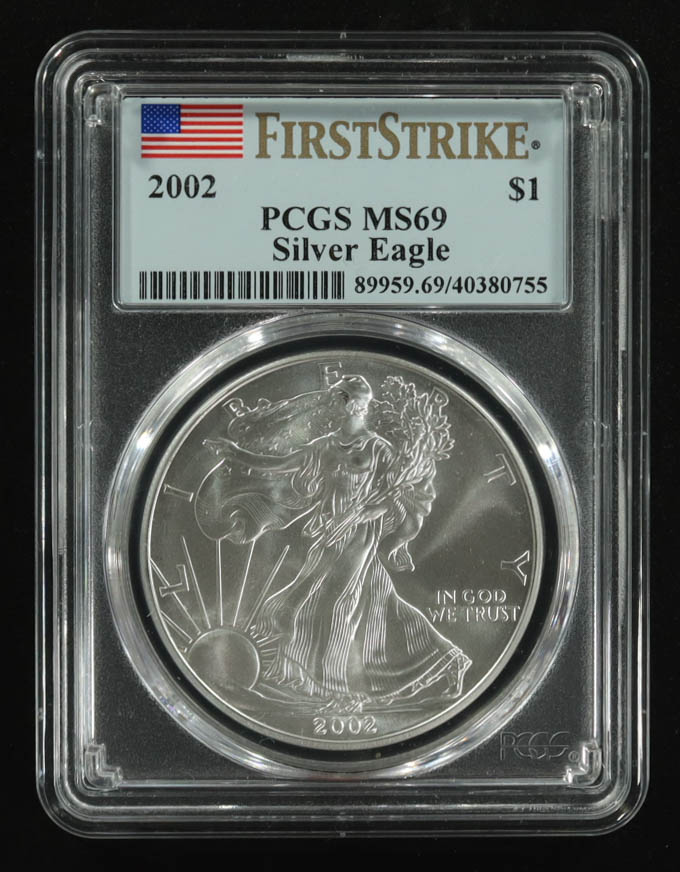 2002 American $1 Dollar Silver Eagle, First Strike (PCGS MS69) at PristineAuction.com 2002 American $1 Dollar Silver Eagle, First Strike (PCGS MS69) at PristineAuction.com