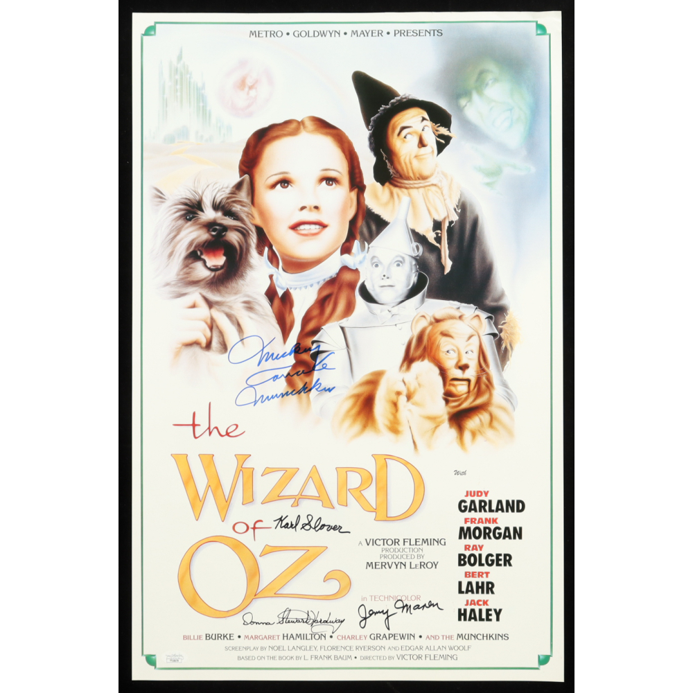 "The Wizard of Oz" 15x24 Movie Poster Photo Signed By (4) with Mickey Carroll, Jerry Maren, Karl Slover, and Donna Stewart-Hardway With Character Inscriptions (JSA) at PristineAuction.com
