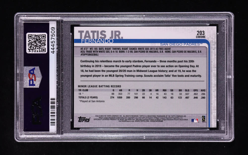 Fernando Tatis Jr. 2019 Topps Chrome #203 RC (PSA 10) at PristineAuction.com Fernando Tatis Jr. 2019 Topps Chrome #203 RC (PSA 10) at PristineAuction.com