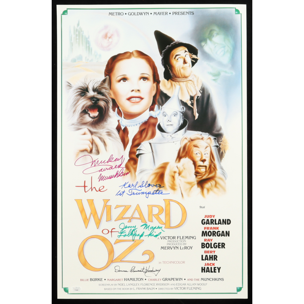 "The Wizard of Oz" 15x24 Movie Poster Photo Signed By (4) with Mickey Carroll, Jerry Maren, Karl Slover, and Donna Stewart-Hardway With Character Inscriptions (JSA) at PristineAuction.com