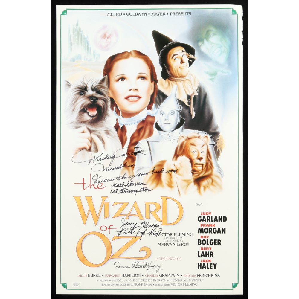 "The Wizard of Oz" 15x24 Movie Poster Photo Signed By (4) with Mickey Carroll, Jerry Maren, Karl Slover, and Donna Stewart-Hardway With Character Inscriptions (JSA) at PristineAuction.com