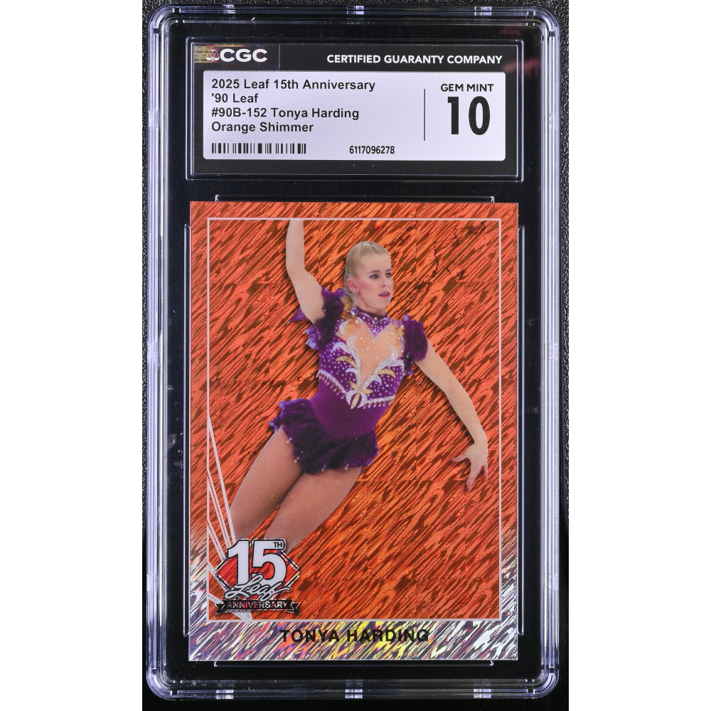 Tonya Harding 2025 Leaf 15th Anniversary '90 Leaf Orange Shimmer #90152 #2/4 (CGC 10) at PristineAuction.com