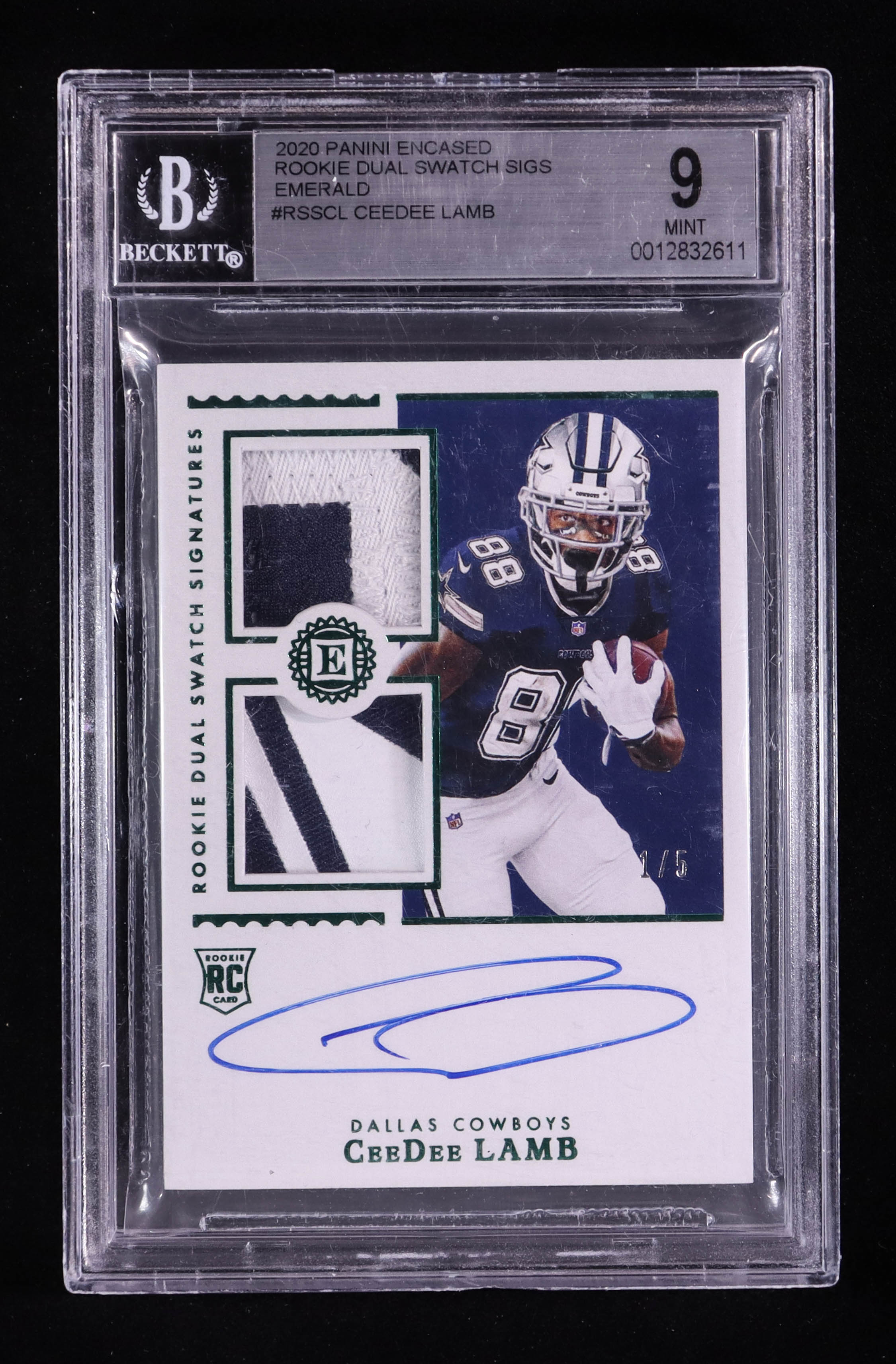 CeeDee Lamb 2020 Panini Encased Rookie Dual Swatch Signatures Emerald #RSSCL RC #1/5 (BGS 9 | Autograph Grade 10) at PristineAuction.com CeeDee Lamb 2020 Panini Encased Rookie Dual Swatch Signatures Emerald #RSSCL RC #1/5 (BGS 9 | Autograph Grade 10) at PristineAuction.com