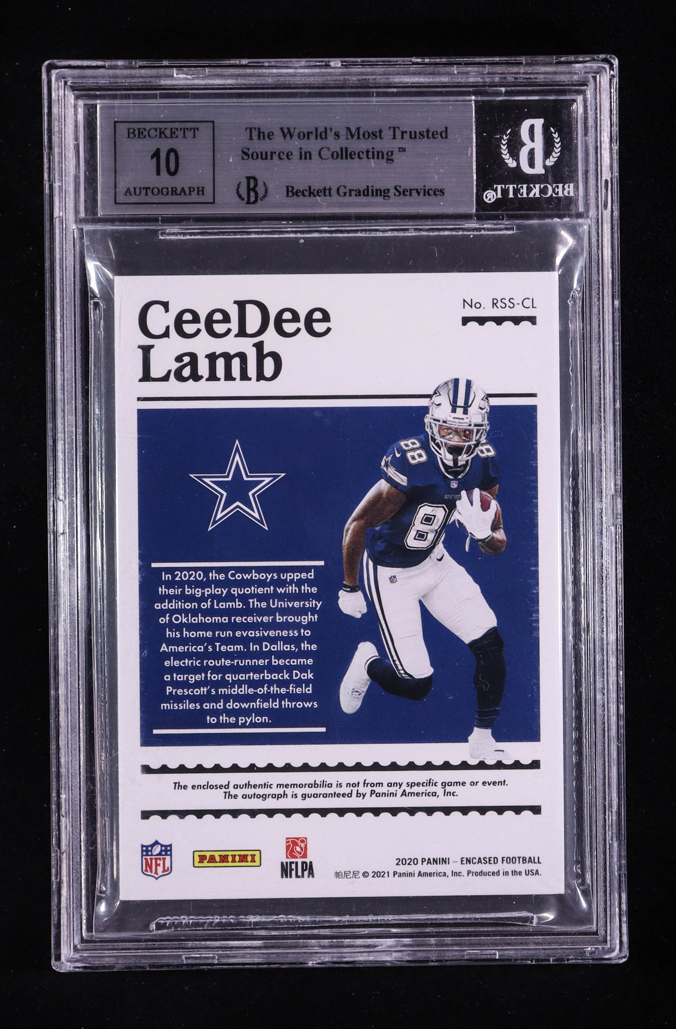 CeeDee Lamb 2020 Panini Encased Rookie Dual Swatch Signatures Emerald #RSSCL RC #1/5 (BGS 9 | Autograph Grade 10) at PristineAuction.com CeeDee Lamb 2020 Panini Encased Rookie Dual Swatch Signatures Emerald #RSSCL RC #1/5 (BGS 9 | Autograph Grade 10) at PristineAuction.com