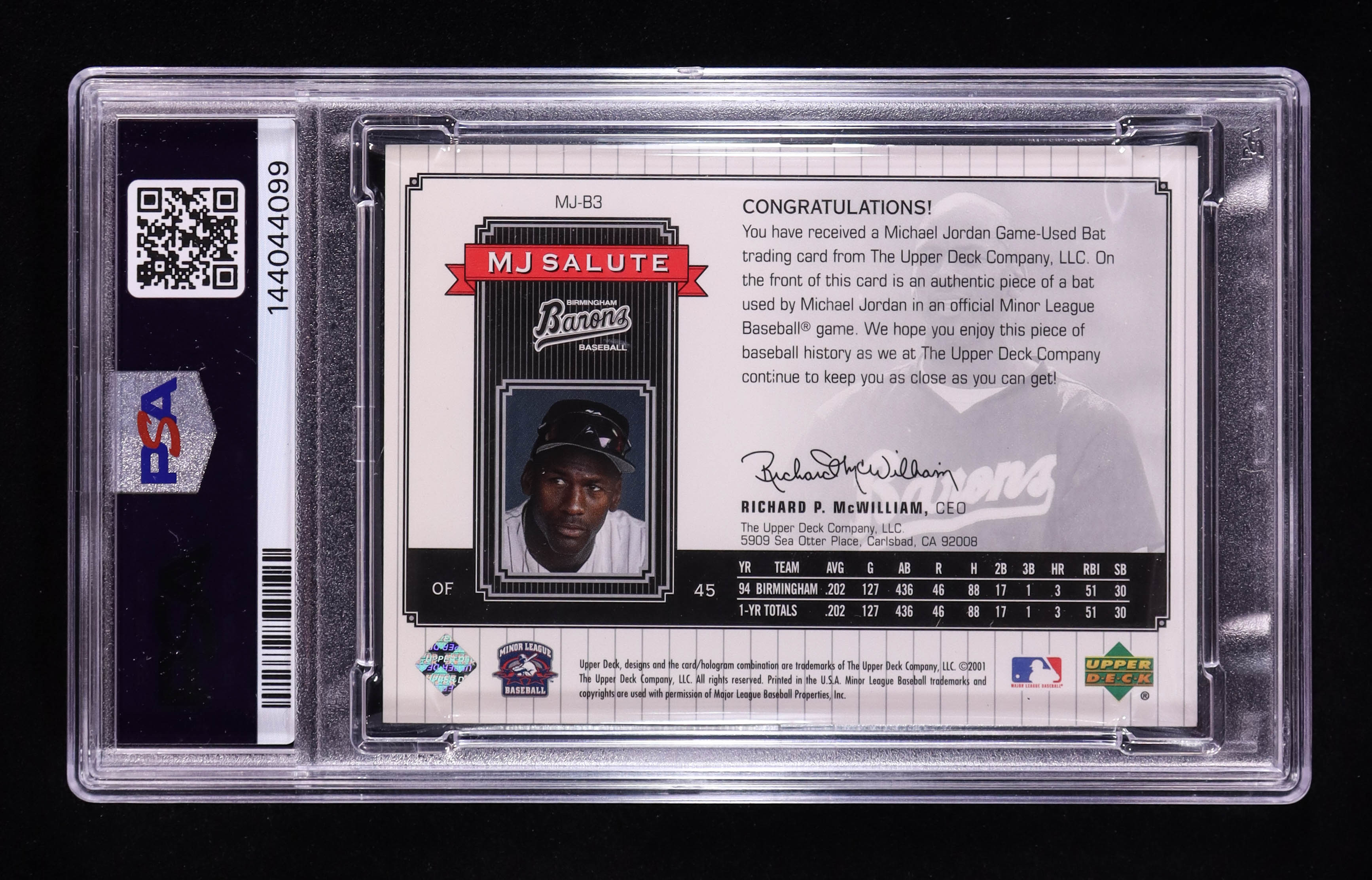 Michael Jordan 2001 Upper Deck Minors Centennial MJ Game Bat #MJB3 (PSA 8) at PristineAuction.com Michael Jordan 2001 Upper Deck Minors Centennial MJ Game Bat #MJB3 (PSA 8) at PristineAuction.com