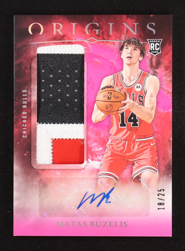 Matas Buzelis 2024-25 Panini Origins Rookie Jersey Autographs Pink #8 RC #18/25 at PristineAuction.com Matas Buzelis 2024-25 Panini Origins Rookie Jersey Autographs Pink #8 RC #18/25 at PristineAuction.com
