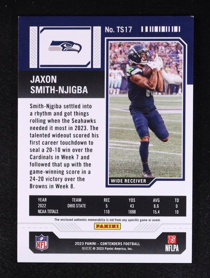 Jaxon Smith-Njigba 2023 Panini Contenders Rookie Ticket Swatches #17 RC at PristineAuction.com Jaxon Smith-Njigba 2023 Panini Contenders Rookie Ticket Swatches #17 RC at PristineAuction.com