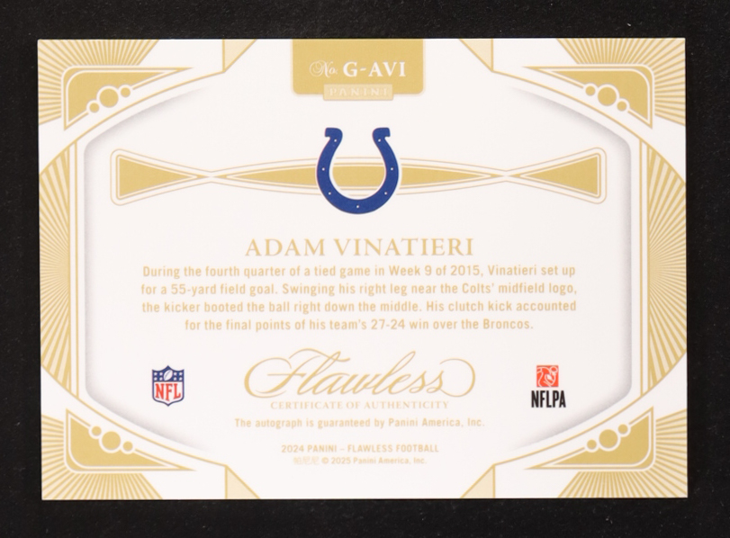 Adam Vinatieri 2024 Panini Flawless Greats Autographs Silver #12 #7/20 at PristineAuction.com Adam Vinatieri 2024 Panini Flawless Greats Autographs Silver #12 #7/20 at PristineAuction.com