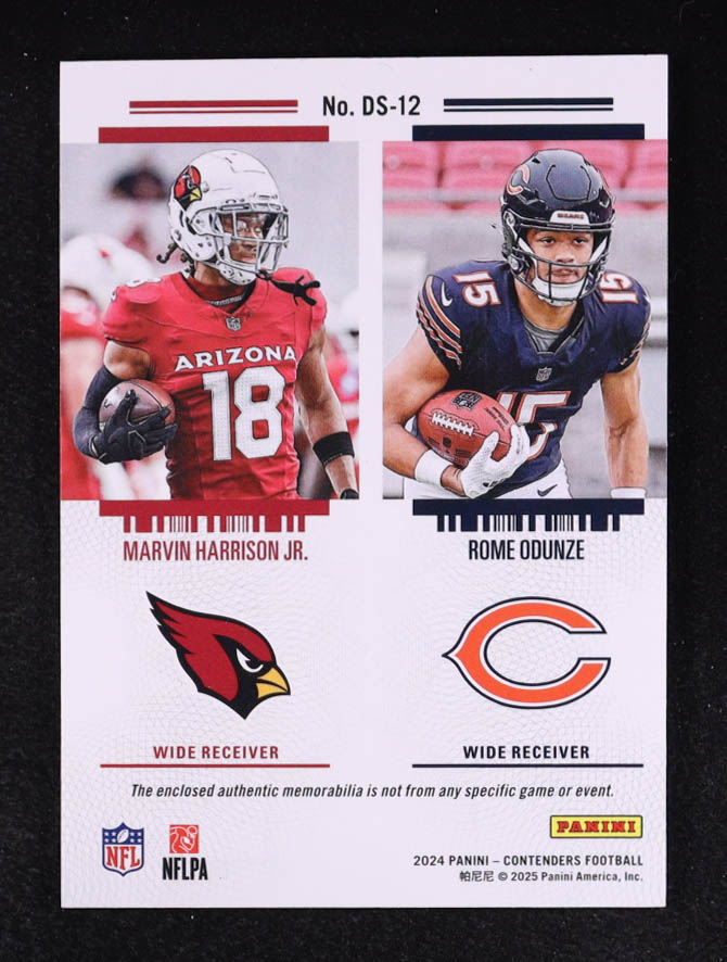 Marvin Harrison Jr. / Rome Odunze 2024 Panini Contenders Rookie Ticket Dual Swatches #12 RC at PristineAuction.com Marvin Harrison Jr. / Rome Odunze 2024 Panini Contenders Rookie Ticket Dual Swatches #12 RC at PristineAuction.com
