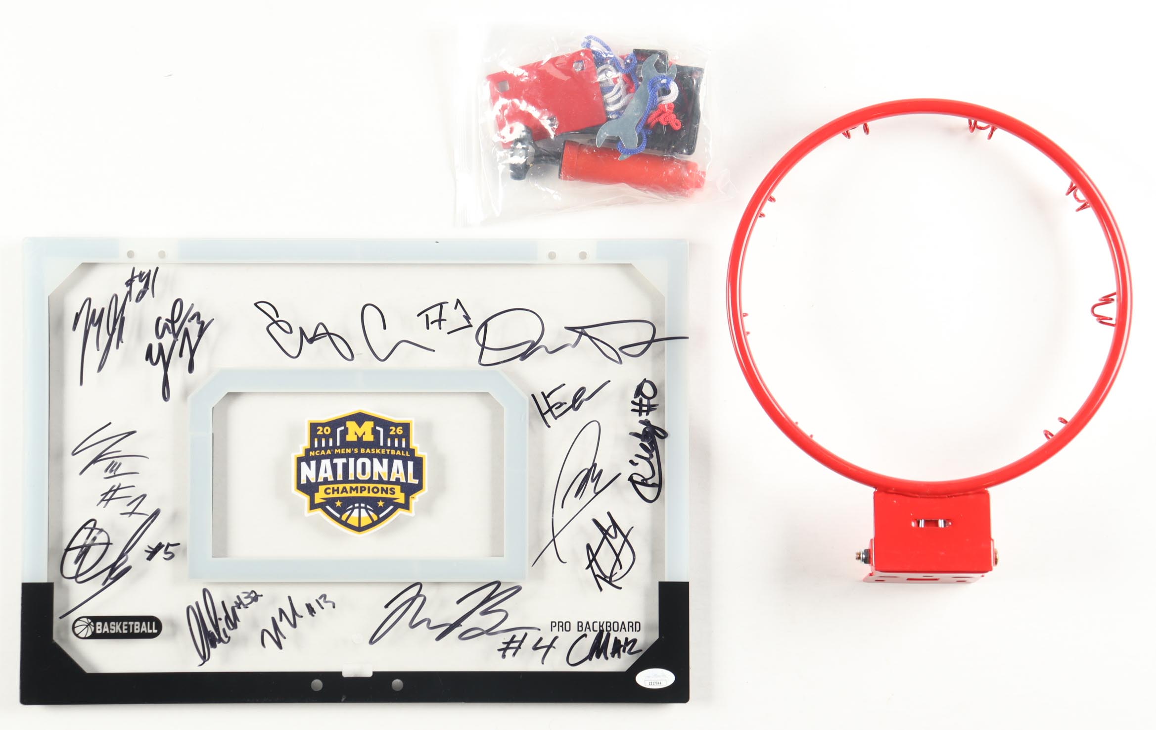 2026 Michigan Wolverines Basketball Hoop Mini Backboard Team-Signed by (14) With Yaxel Lendeborg, Aday Mara, Ricky Liburd, Charlie May (JSA) at PristineAuction.com 2026 Michigan Wolverines Basketball Hoop Mini Backboard Team-Signed by (14) With Yaxel Lendeborg, Aday Mara, Ricky Liburd, Charlie May (JSA) at PristineAuction.com