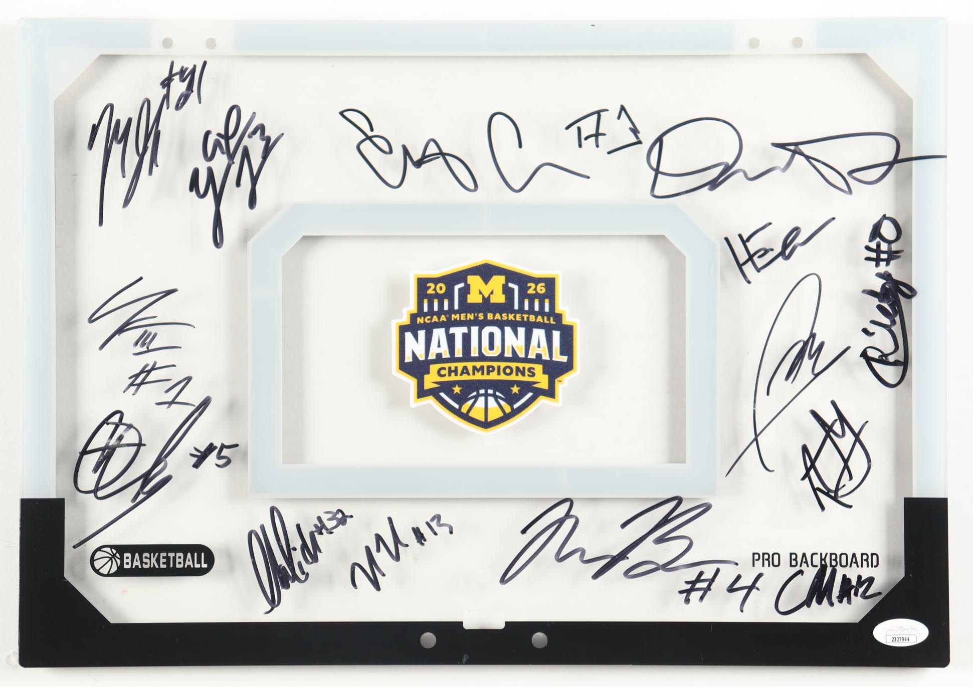 2026 Michigan Wolverines Basketball Hoop Mini Backboard Team-Signed by (14) With Yaxel Lendeborg, Aday Mara, Ricky Liburd, Charlie May (JSA) at PristineAuction.com 2026 Michigan Wolverines Basketball Hoop Mini Backboard Team-Signed by (14) With Yaxel Lendeborg, Aday Mara, Ricky Liburd, Charlie May (JSA) at PristineAuction.com