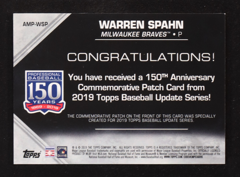 Warren Spahn 2019 Topps Update 150th Anniversary Manufactured Patches 150th Anniversary #AMPWSP at PristineAuction.com Warren Spahn 2019 Topps Update 150th Anniversary Manufactured Patches 150th Anniversary #AMPWSP at PristineAuction.com