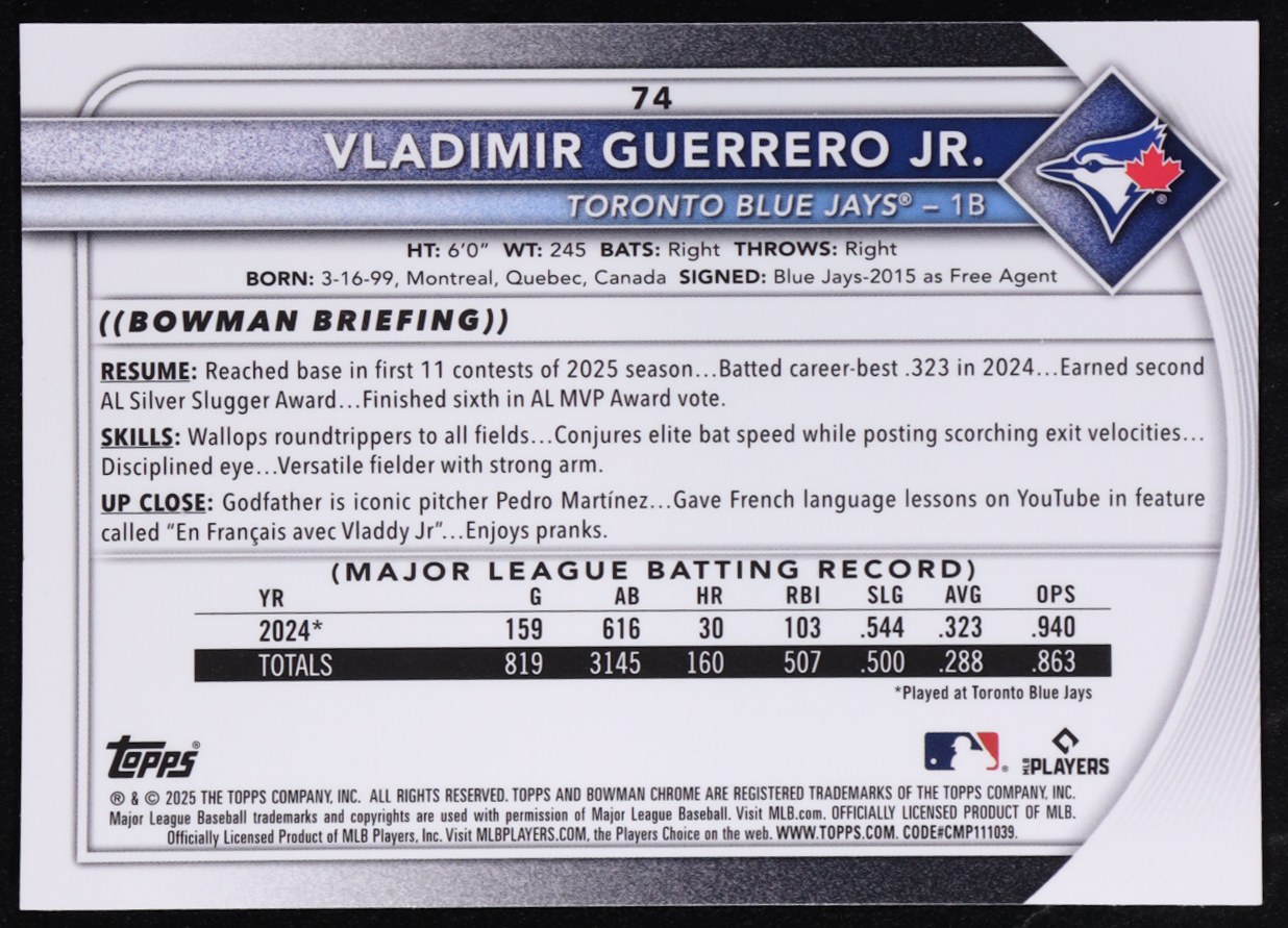 Vladimir Guerrero Jr. 2025 Bowman Chrome Mega Box Aqua Refractors #74 #150/299 at PristineAuction.com Vladimir Guerrero Jr. 2025 Bowman Chrome Mega Box Aqua Refractors #74 #150/299 at PristineAuction.com