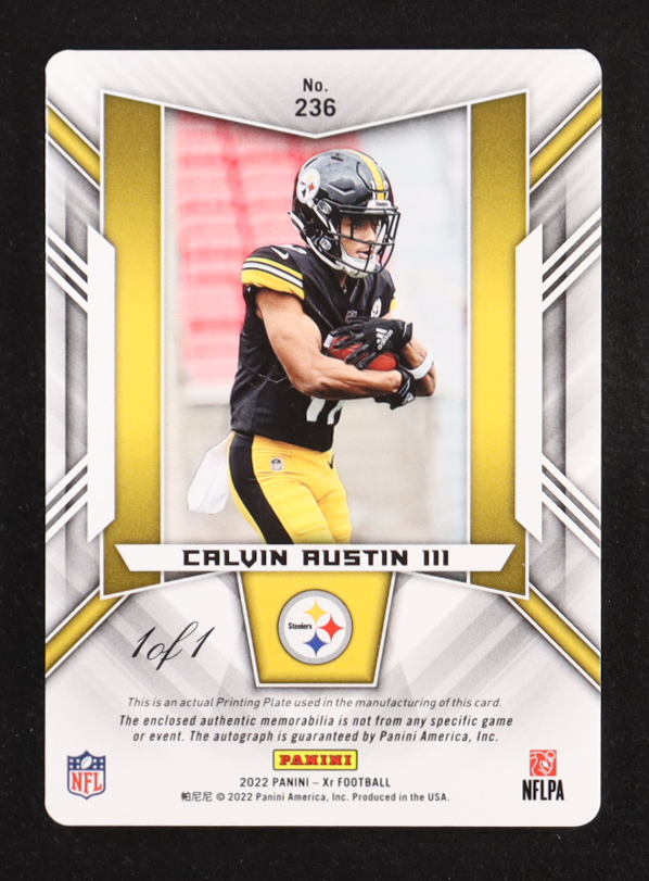 Calvin Austin III 2022 Panini XR Printing Plates Yellow #236 Jersey Autograph #1/1 at PristineAuction.com Calvin Austin III 2022 Panini XR Printing Plates Yellow #236 Jersey Autograph #1/1 at PristineAuction.com