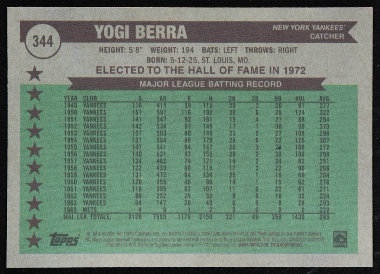 Yogi Berra 2025 Topps Heritage Chrome Silver Sparkle Refractors #344 AS at PristineAuction.com Yogi Berra 2025 Topps Heritage Chrome Silver Sparkle Refractors #344 AS at PristineAuction.com