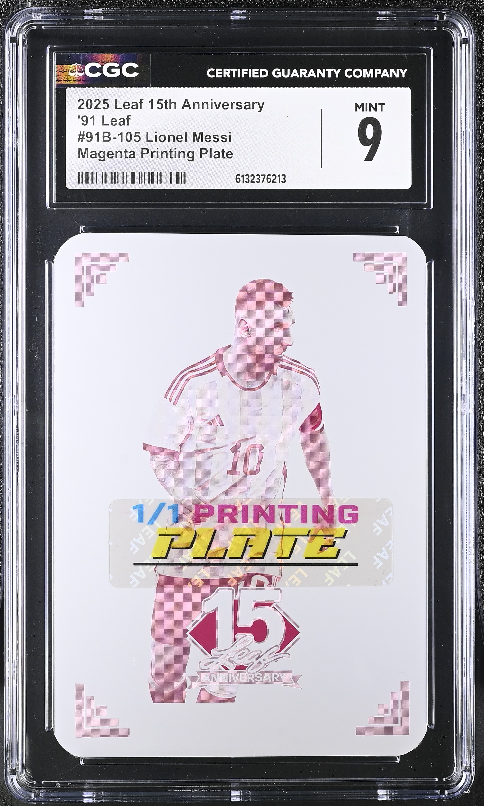 Lionel Messi 2025 Leaf 15th Anniversary '91 Leaf Magenta Printing Plate #91105 #1/1 (CGC 9) at PristineAuction.com Lionel Messi 2025 Leaf 15th Anniversary '91 Leaf Magenta Printing Plate #91105 #1/1 (CGC 9) at PristineAuction.com