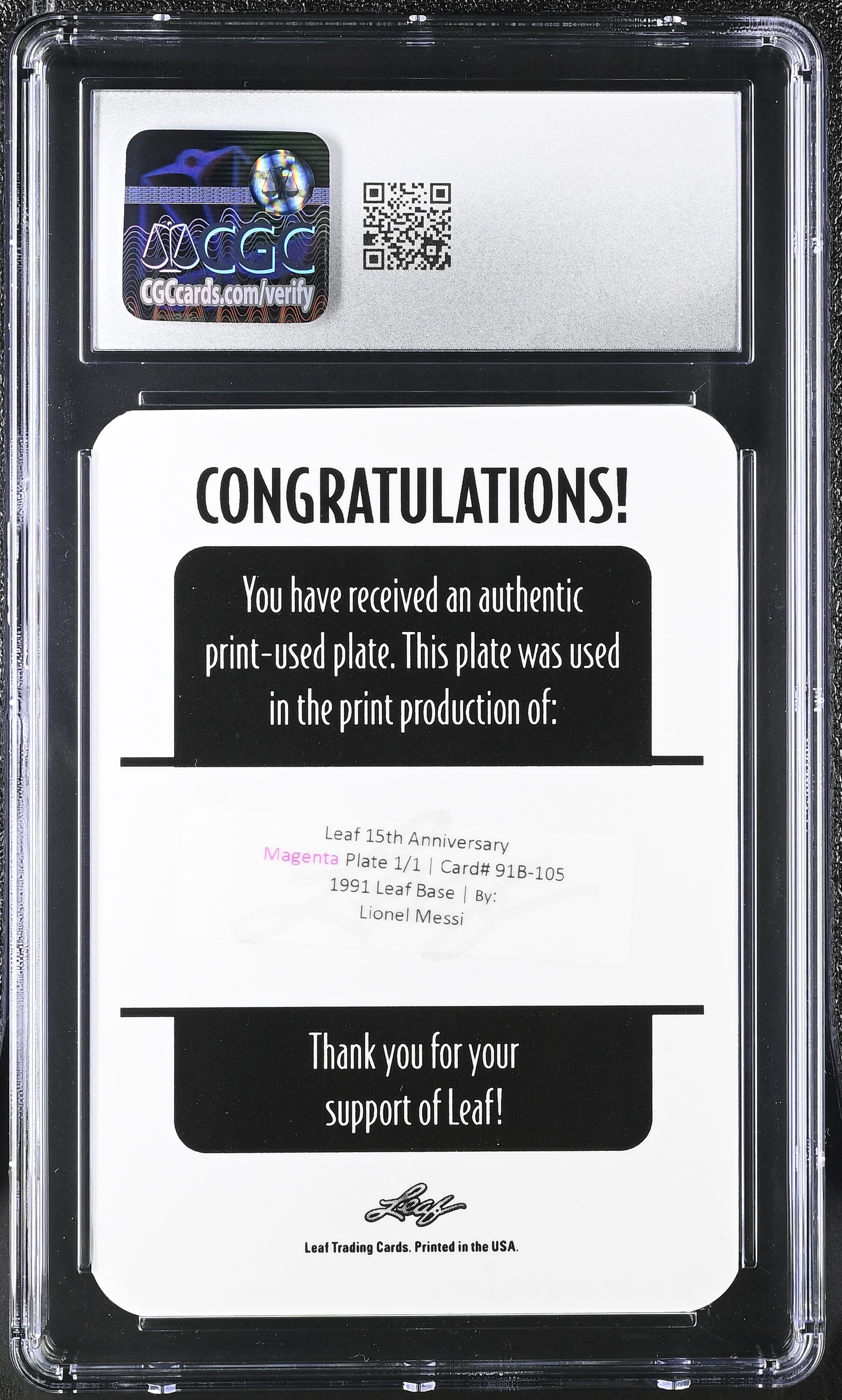 Lionel Messi 2025 Leaf 15th Anniversary '91 Leaf Magenta Printing Plate #91105 #1/1 (CGC 9) at PristineAuction.com Lionel Messi 2025 Leaf 15th Anniversary '91 Leaf Magenta Printing Plate #91105 #1/1 (CGC 9) at PristineAuction.com