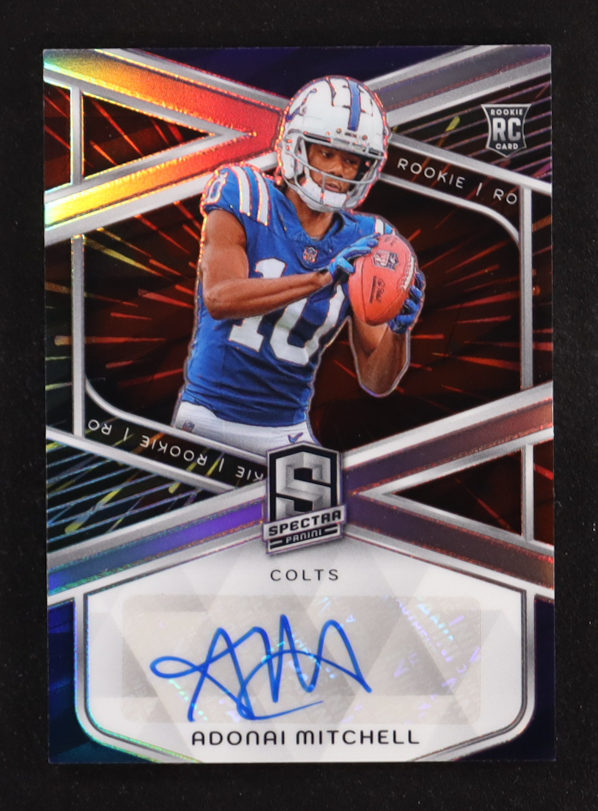 Adonai Mitchell 2024 Panini Spectra Rookie Autographs Hyper #8 RC #50/60 at PristineAuction.com Adonai Mitchell 2024 Panini Spectra Rookie Autographs Hyper #8 RC #50/60 at PristineAuction.com