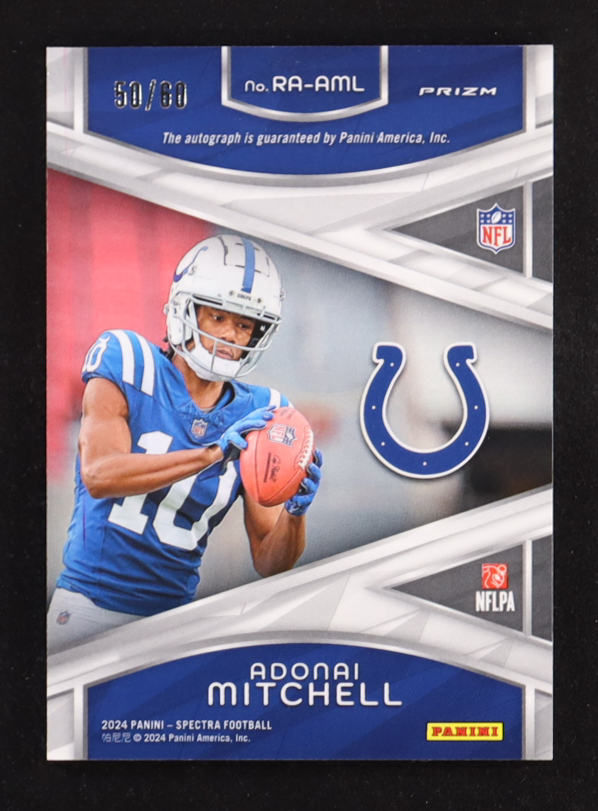 Adonai Mitchell 2024 Panini Spectra Rookie Autographs Hyper #8 RC #50/60 at PristineAuction.com Adonai Mitchell 2024 Panini Spectra Rookie Autographs Hyper #8 RC #50/60 at PristineAuction.com