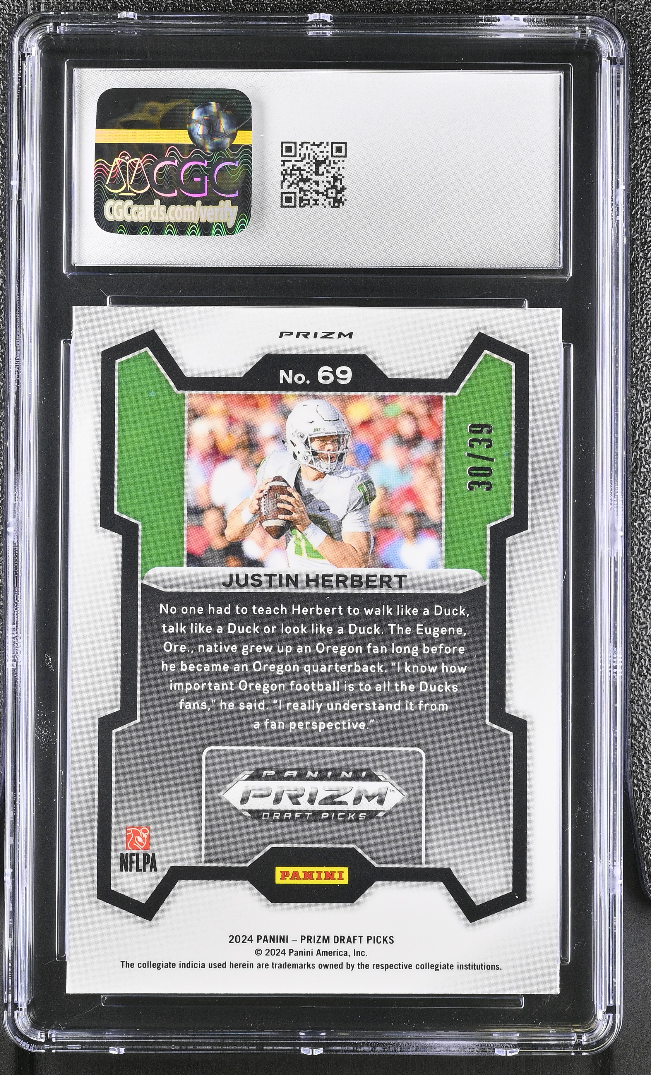 Justin Herbert 2024 Panini Prizm Draft Picks Orange Finite #69 #30/39 (CGC 10) at PristineAuction.com Justin Herbert 2024 Panini Prizm Draft Picks Orange Finite #69 #30/39 (CGC 10) at PristineAuction.com