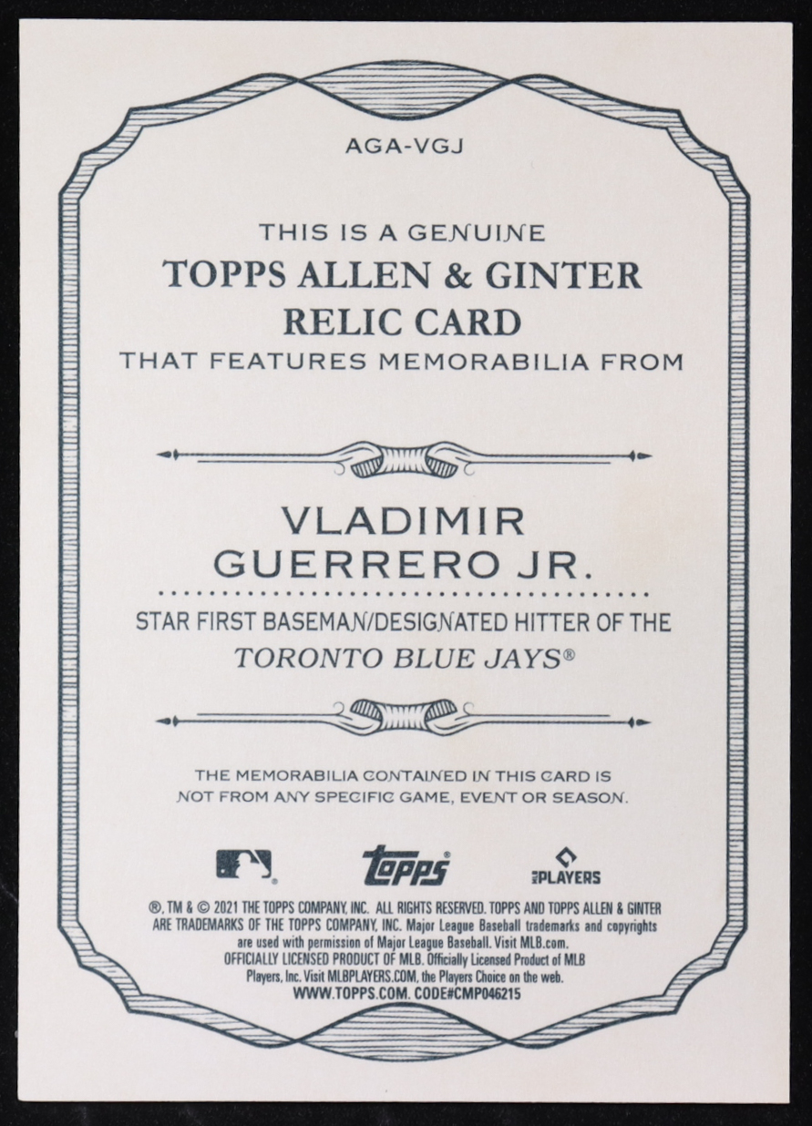 Vladimir Guerrero Jr. 2021 Topps Allen and Ginter Relics #AGAVGJ at PristineAuction.com Vladimir Guerrero Jr. 2021 Topps Allen and Ginter Relics #AGAVGJ at PristineAuction.com